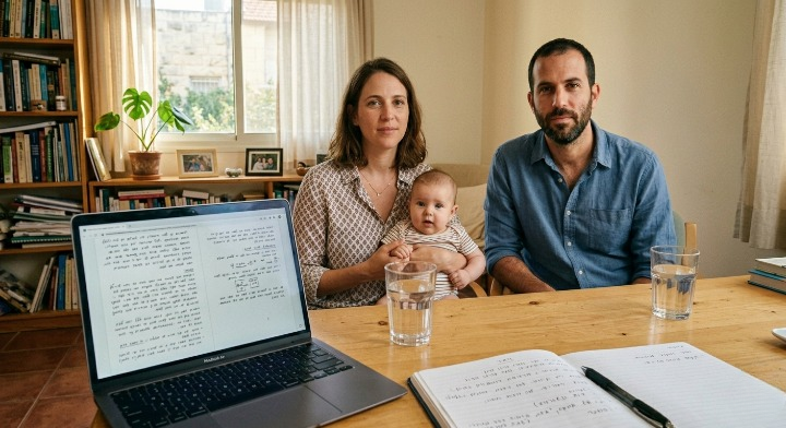 משפחה עם תינוק מדברת עם הומאופת מבוגר בקליניקה ביתית, אור טבע