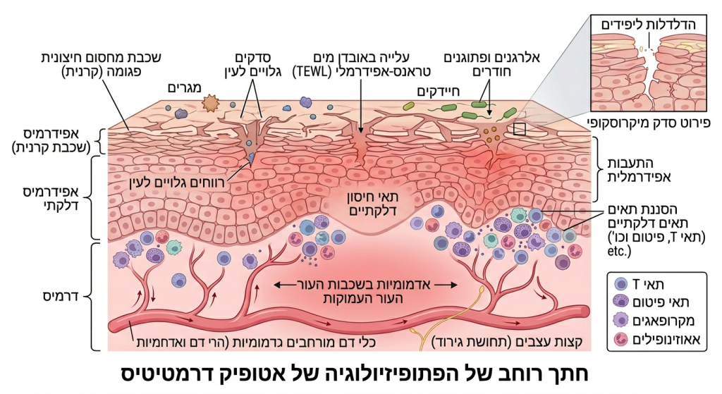 איור רפואי מפורט בעברית של חתך עור אטופיק דרמטיטיס עם שלוש שכבות, תאי חיסון, סדקים במחסום וכלי דם מורחבים