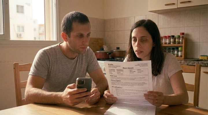 שני הורים ישראלים יושבים במטבח בשיחה ממוקדת, אחד עם טלפון ואחד עם דף, אור צהריים טבעי