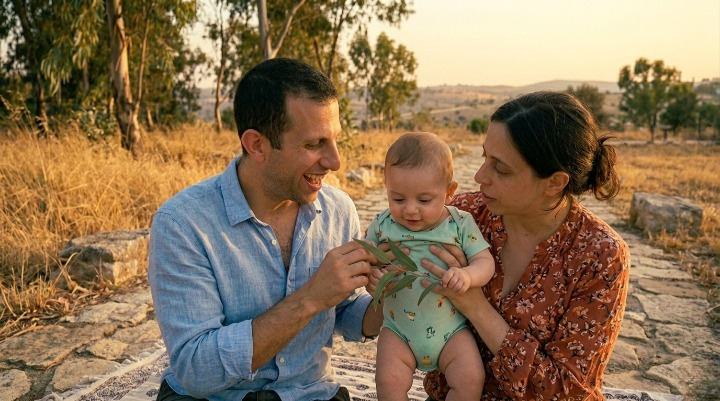 משפחה צבעונית ושמחה עם תינוק לבוש בצהוב בחוץ בנוף ישראלי, אור שעת הזהב, ללא מבט למצלמה