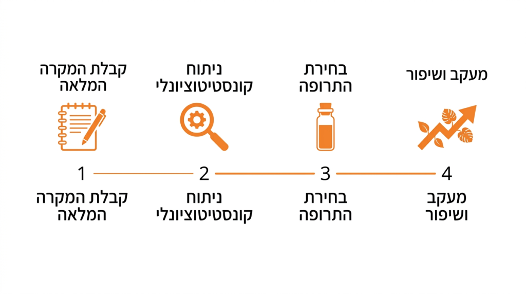 אינפוגרפיקת ציר זמן אופקי - 4 שלבי ייעוץ הומאופתי לתינוק, עיצוב שטוח בכתום על לבן