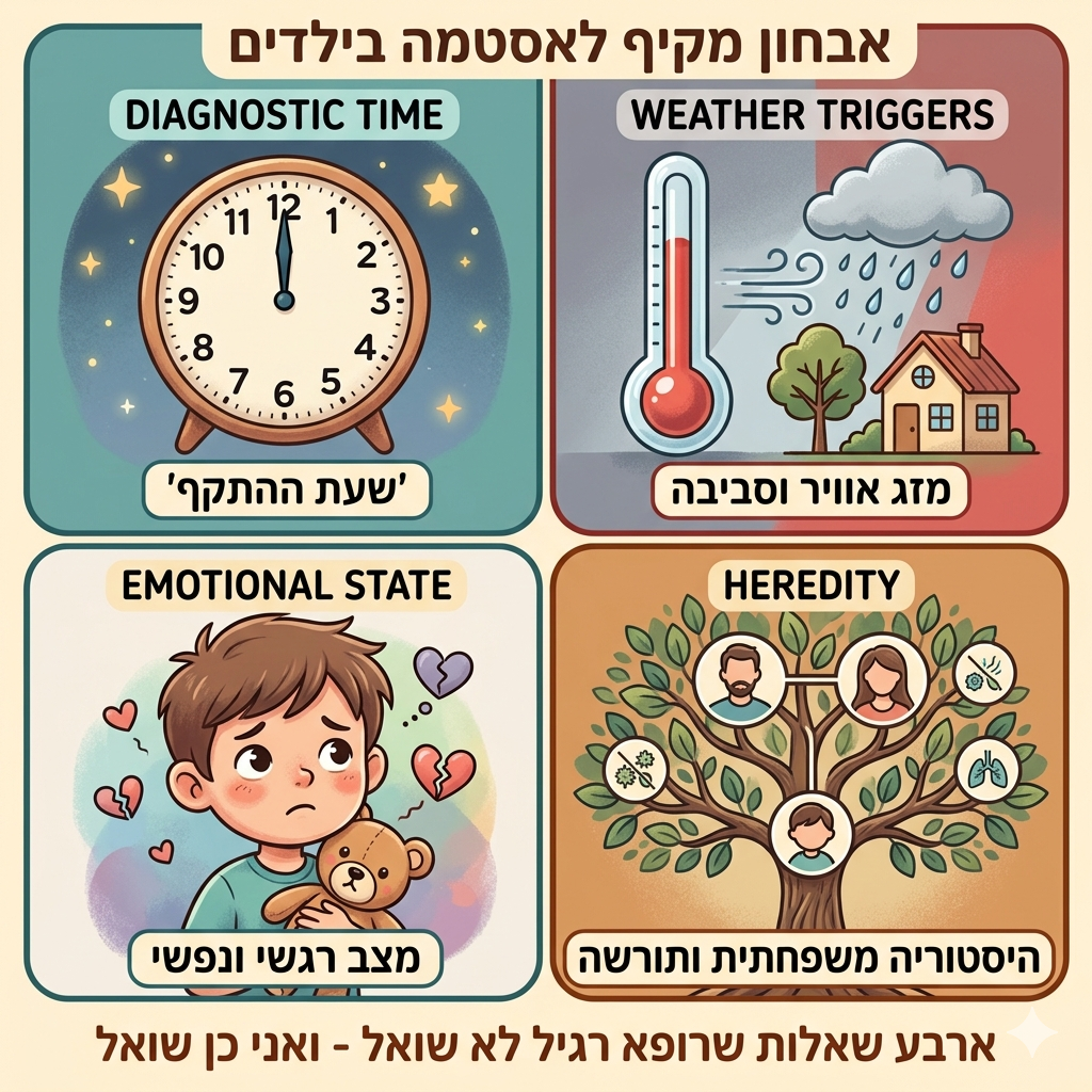 ארבעה חלקים לאבחון הומאופתי לאסטמה בילדים: שעת ההתקף, מזג אוויר, מצב רגשי והיסטוריה משפחתית.