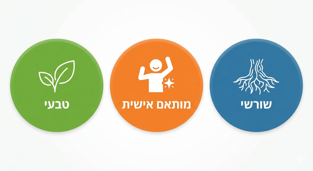 אינפוגרפיקה עם שלושה עיגולים צבעוניים המסכמים את יתרונות ההומאופתיה לילדים: טבעי, מותאם אישית ושורשי