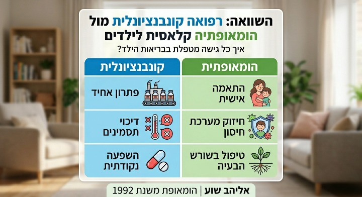 אינפוגרפיקה משווה בין רפואה קונבנציונלית להומאופתיה קלאסית לילדים: טיפול בשורש הבעיה מול דיכוי תסמינים