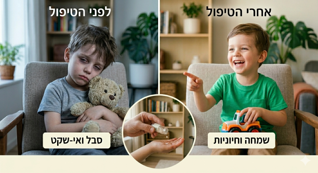 השוואה ויזואלית של ילד לפני ואחרי טיפול הומאופתי: מעבר מסבל ואי-שקט לשמחה וחיוניות