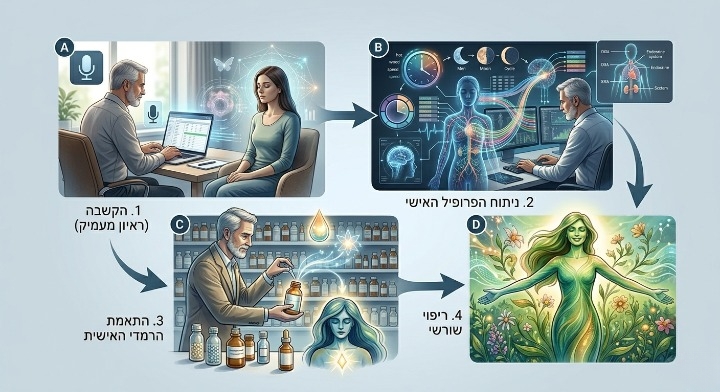 תרשים זרימה של תהליך האבחון האישי אצל אליהב שוע עבור חוסר איזון הורמונלי אצל נשים.