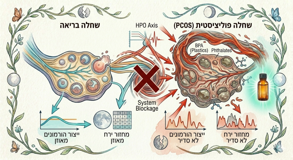 איור רפואי הממחיש שחלה פוליציסטית (PCOS) וכיצד היא גורמת לחוסר איזון הורמונלי נשים.