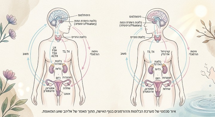איור סכמטי של מערכת הבלוטות וההורמונים בגוף האישה, מתוך מאמר של אליהב שוע הומאופת.