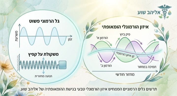 תרשים גלים הרמוניים הממחיש איזון הורמונלי טבעי בגישת ההומאופתיה של אליהב שוע.
