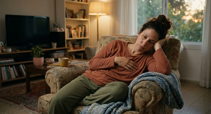 אישה נחה על כורסה בבית ונראית עייפה, המחשה לתסמינים פיזיים של חוסר איזון הורמונלי.