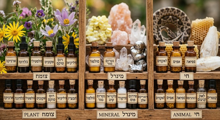 תקריב של בקבוקוני רמדי הומאופתי ממקורות מגוונים: צמחי מרפא (אַרְנִיקָה), מינרלים (סוּלְפוּר), וחי (לָאקֶזִיס), להמחשת השאלה מה זה הומאופתיה.