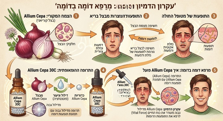 אינפוגרפיקה המסבירה את עקרון הדמיון ההומאופתי עם צמח בצל ורמדי Allium Cepa