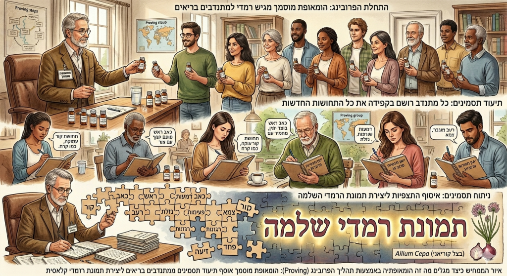 איור הממחיש כיצד מגלים מה זה הומאופתיה באמצעות תהליך הפרובינג (Proving): הומאופת מוסמך אוסף תיעוד תסמינים ממתנדבים בריאים ליצירת תמונת רמדי קלאסית.