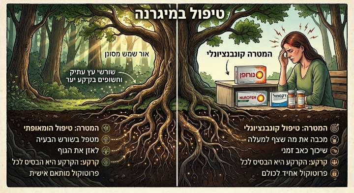 שורשי עץ עתיק וחשופים בקרקע יער - מיגרנה טיפול שמגיע לשורש ולא רק לפני השטח