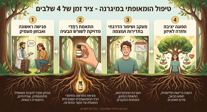 ציר זמן בעברית. ארבעה שלבים לטיפול טבעי במיגרנה מהפגישה הראשונה עד להפוגה