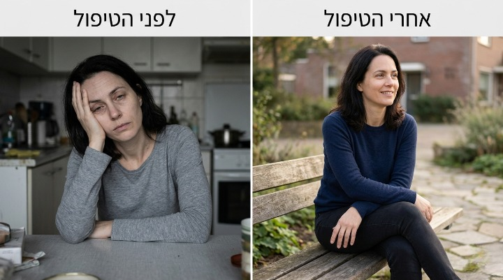 אישה לפני ואחרי טיפול במיגרנה - משמאל עייפה וסובלת, מימין רגועה ומחייכת בחוץ