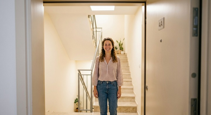 אישה מגיעה לפתח קליניקה ביתית מוארת וחמה, קבלת פנים עדינה, אור טבעי