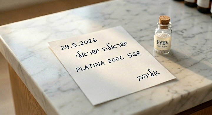 פתק מרשם בכתב יד לצד בקבוק זכוכית קטן על שולחן עץ