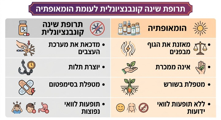 אינפוגרפיקה משווה תרופות שינה קונבנציונליות לעומת הומאופתיה
