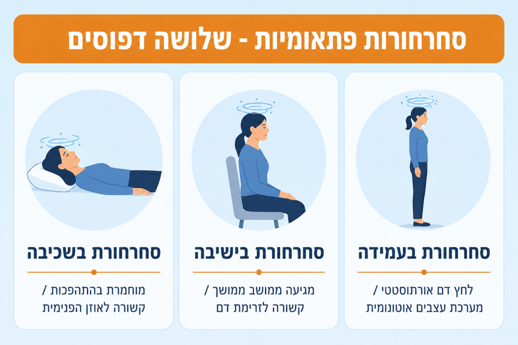 אינפוגרפיקה המשווה שלושה סוגי סחרחורת פתאומית לפי תנוחת הגוף: שכיבה, ישיבה ועמידה