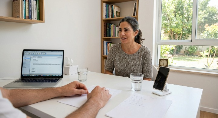 נקודת מבט מעיני ההומאופת, ידיו על ניירות, לפטופ פתוח עם RADAR על המסך, שתי כוסות מים, טלפון על מעמד, מטופלת מולו, חלון עם גינה