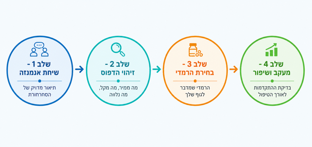 אינפוגרפיקה זרימה של ארבעה שלבים המתארת את מסע הטיפול ההומאופתי בסחרחורות, מהייעוץ הראשון עד להחלמה