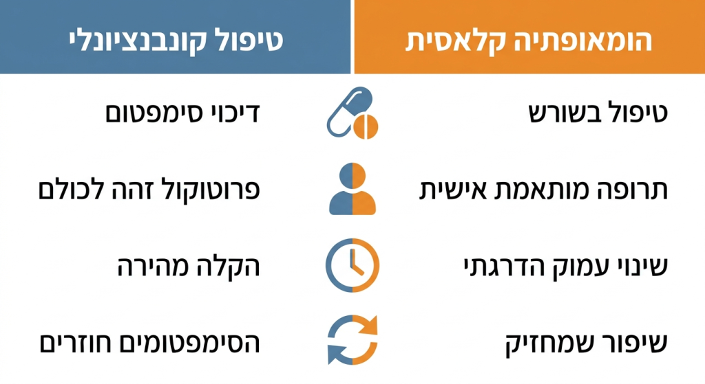 אינפוגרפיקה השוואתית: גישה קונבנציונלית לקשב וריכוז מול גישה הומאופתית קלאסית - ארבעה ממדי השוואה
