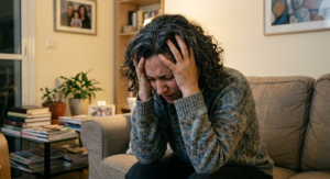 אישה מחזיקה ראשה בכפות ידיה, הבעת כאב, חדר מגורים ישראלי