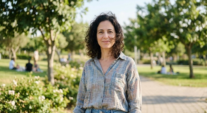 אישה בת ארבעים, שיער כהה מתולתל, עומדת בפארק ישראלי עם עצים, חולצת פשתן קיצית, אור שמש טבעי, חיוך רגוע ואמיתי
