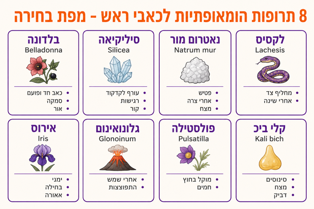 8 תרופות הומאופתיות עיקריות לכאבי ראש - מפת בחירה ]