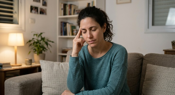 אישה בת שלושים ומשהו, שיער כהה, לוחצת אצבע על רקה ימנית, עיניים עצומות, הבעת כאב עדינה, חולצת טי קצרת שרוולים, תאורה ביתית חמה, רקע ישראלי צנוע