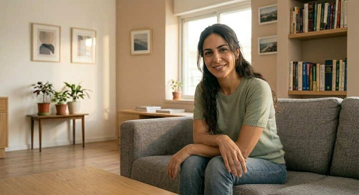 אישה בת שלושים ומשהו, שיער כהה מתולתל, יושבת בנוחות על ספה, עיניים פקוחות, חיוך רגוע, חולצה קצרת שרוולים ירוקה, תאורה ביתית חמה