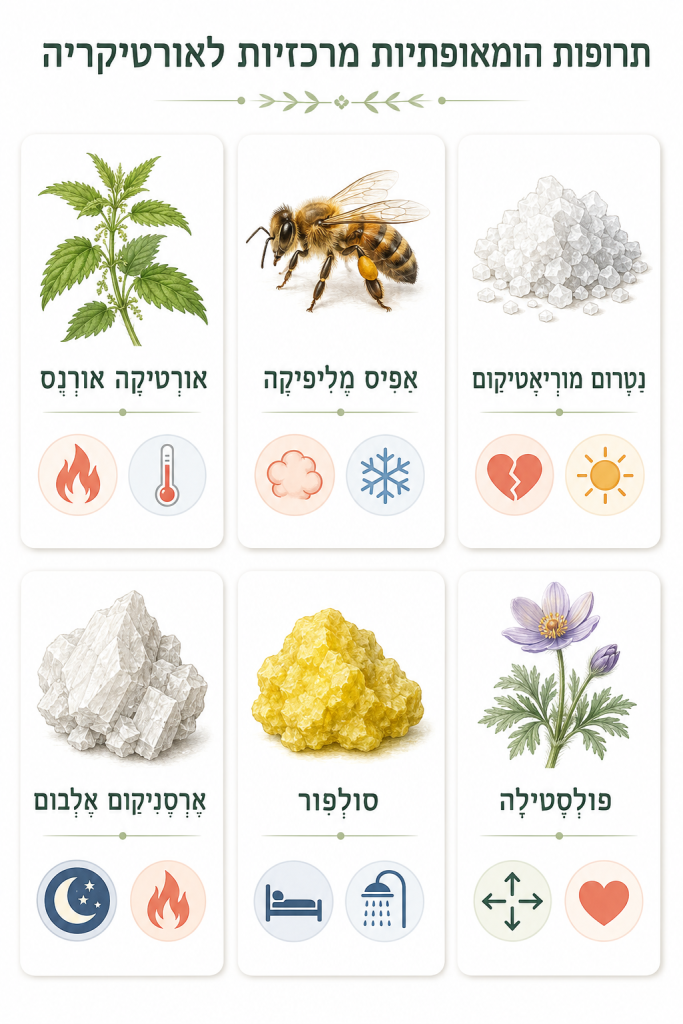 אינפוגרפיקה המציגה שש תרופות הומאופתיות מרכזיות לאורטיקריה עם מאפיינים מרכזיים