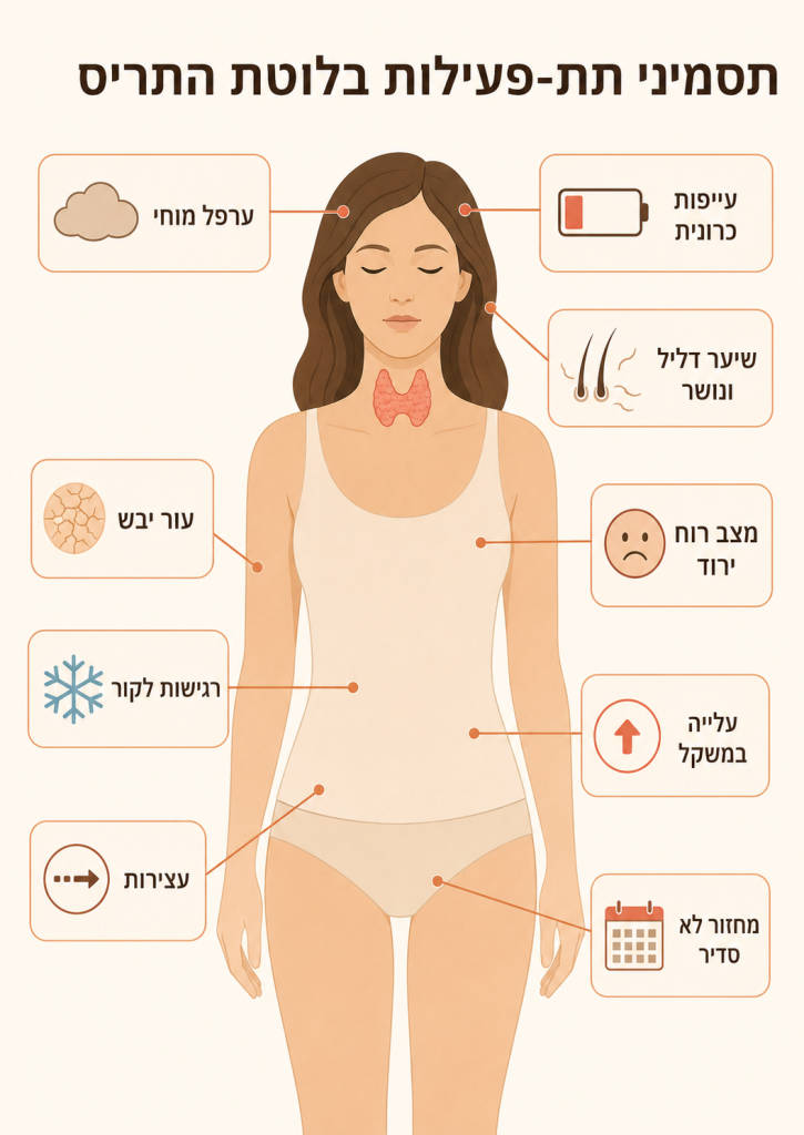 אינפוגרפיה המציגה את התסמינים העיקריים של תת-פעילות בלוטת התריס