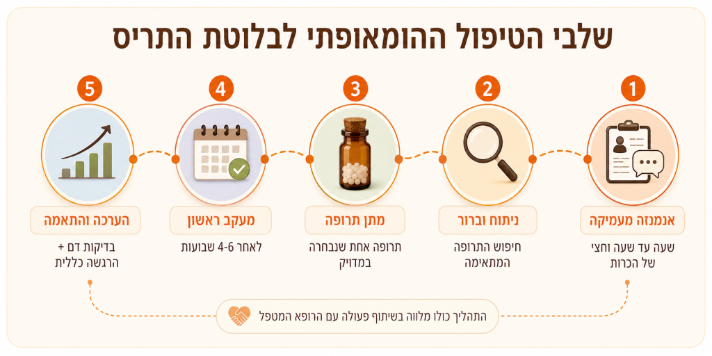 אינפוגרפיה המציגה את שלבי הטיפול ההומאופתי מאנמנזה ועד מעקב