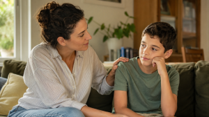 אם יושבת לצד בנה על הספה ומניחה יד תומכת על כתפו