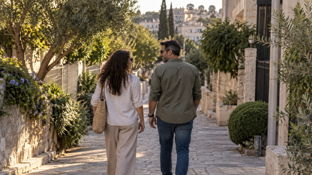 זוג יוצא להליכה קלה בשכונה לאחר ארוחה.
