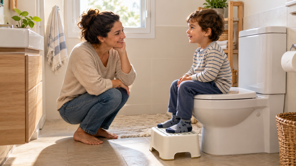 ילד יושב ביציבות על האסלה כשכפות רגליו נתמכות בשרפרף