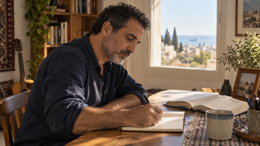 גבר בוגר כותב ליד שולחן בבית, המחשה לתהליך בירור אישי בטיפול הומאופתי בעצירות