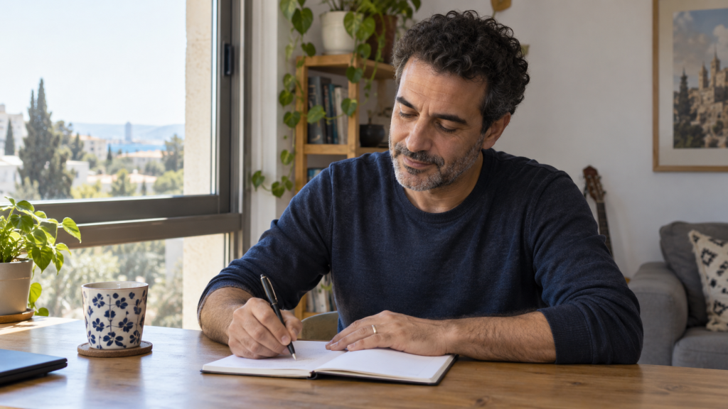 גבר כותב במחברת ליד חלון, המחשה למעקב אחר שיעול יבש ממושך