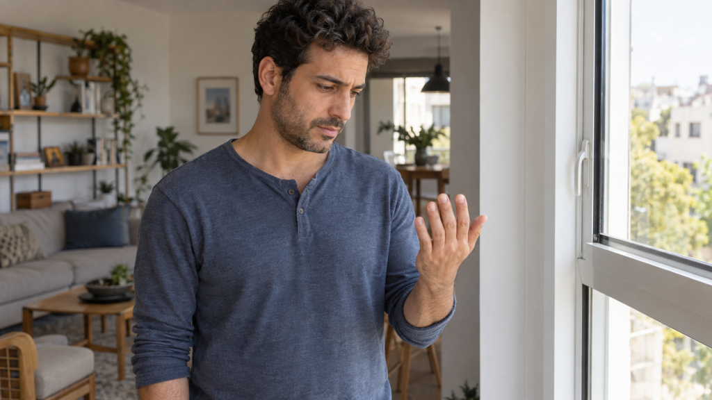 גבר מתבונן בעדינות בידו מול חלון בבית