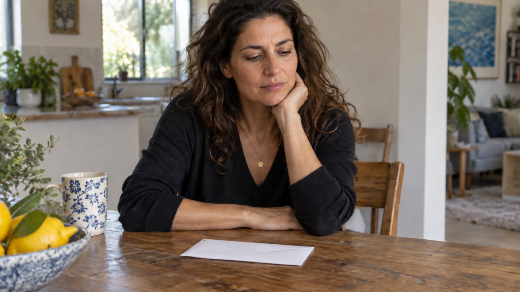 אישה יושבת במטבח לצד מעטפה סגורה, המחשה למאמר על טיפול הומאופתי בחרדת בריאות.