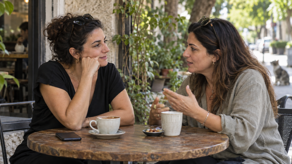 אישה יושבת בבית קפה שכונתי ומשוחחת בנינוחות עם חברה