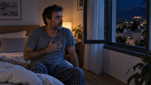 גבר יושב ליד חלון פתוח בלילה לאחר שהתעורר עם דפיקות לב, טיפול הומאופתי בהתקפי חרדה
