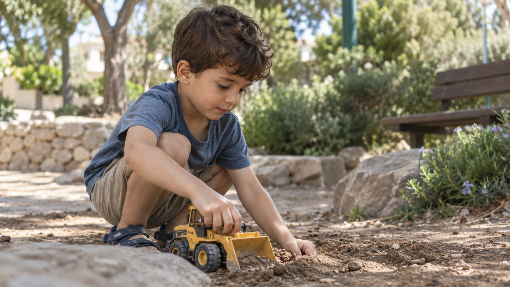 ילד משחק בחוץ באור יום ועור זרועותיו נראה רגוע
