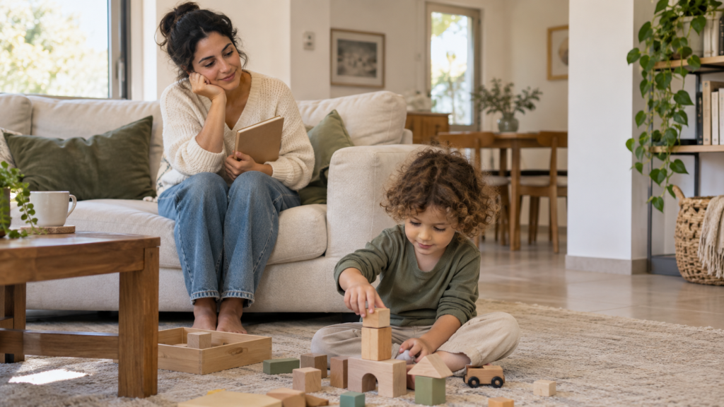 הורה עם מחברת סגורה וילד משחק בקרבתו, כהכנה לתשאול במסגרת טיפול הומאופתי בדלקות חוזרות אצל ילדים