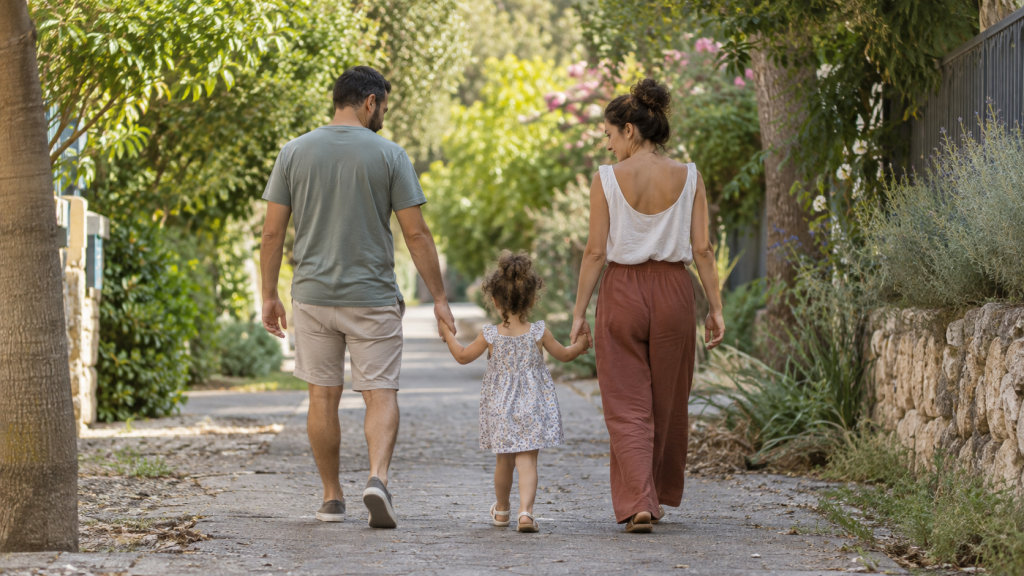 משפחה הולכת יחד בשביל ירוק באור יום רך