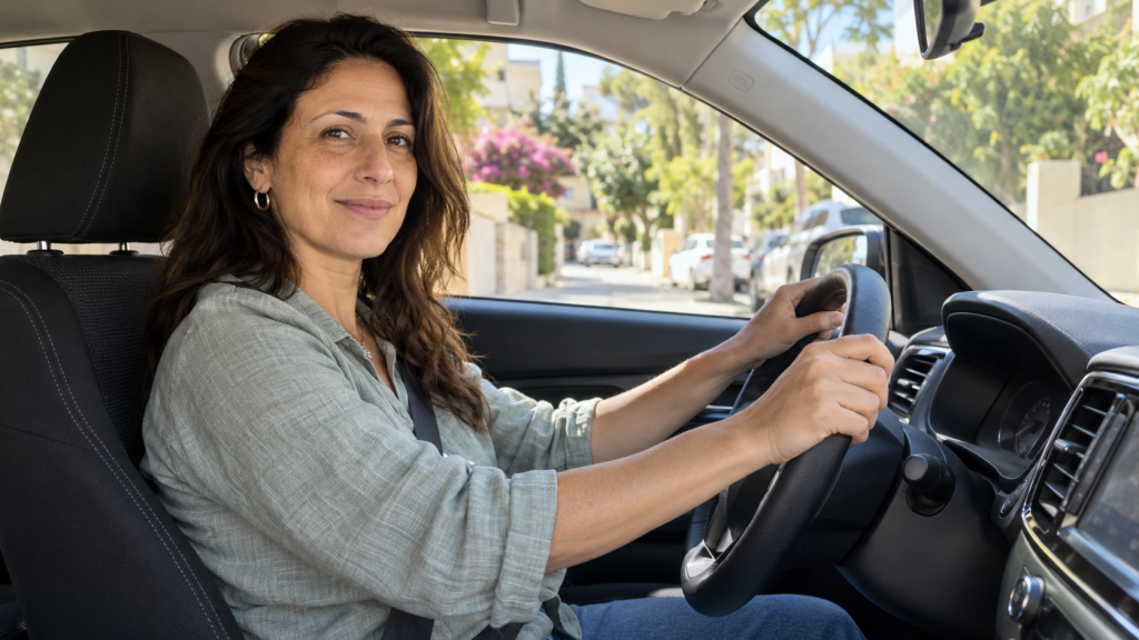 אישה יושבת ברכב חונה ומתכוננת לנסיעה לאחר טיפול בהתקפי חרדה