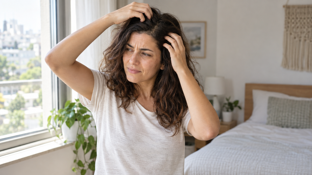 אישה מסיטה את שערה ונוגעת בעדינות בקרקפת מגרדת