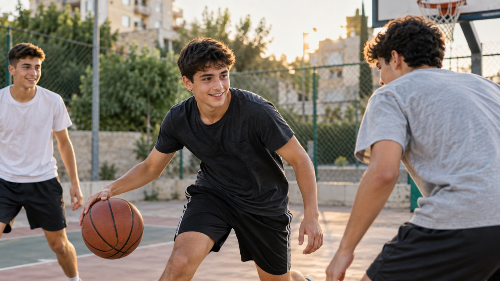 נער חוזר לשחק כדורסל עם חברים במגרש שכונתי